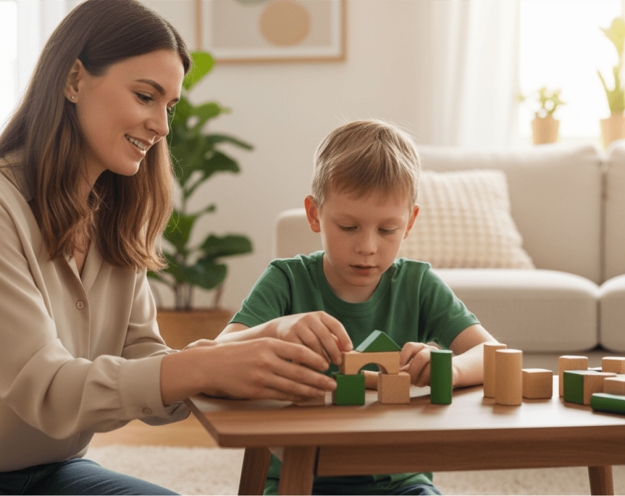 Kid playing with his mom in a warm, supportive environment