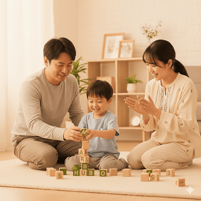 Child playing with parents in a warm, supportive environment